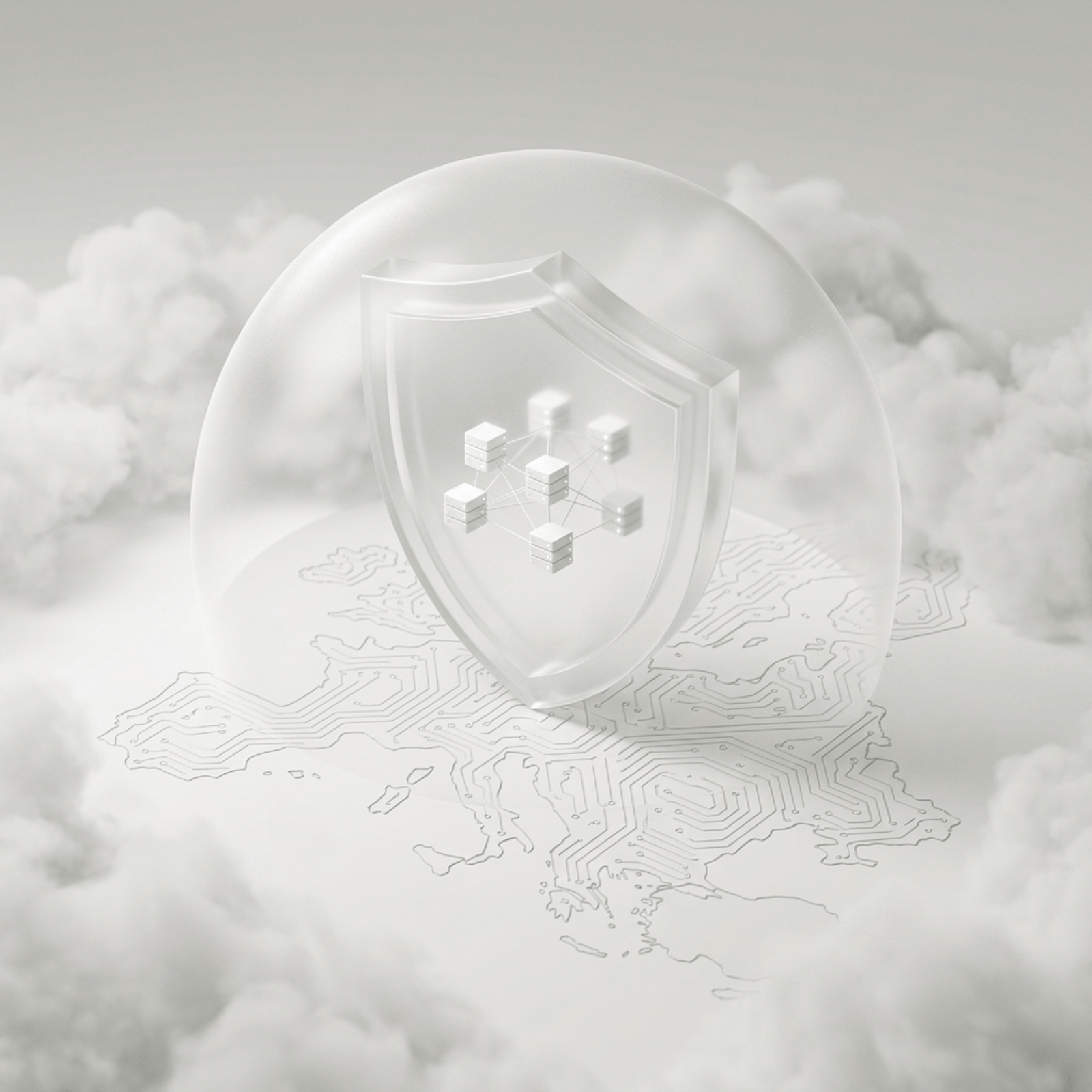 3D render of a protective shield hovering above a European circuit board landscape, symbolising data sovereignty and EU infrastructure.